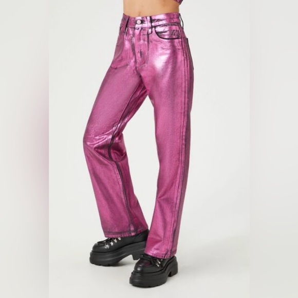Forever 21 Metallic Foil Pink Black Straight Leg Jeans 26 - Picture 2 of 16